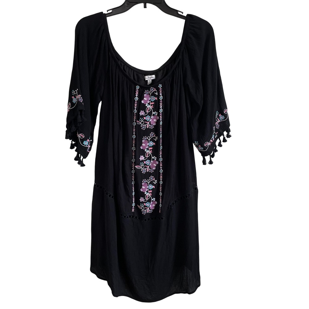Love Fire Embroidered Dress Tassel Bell Sleeve Bohemian‎ Black XL Gauzy Material